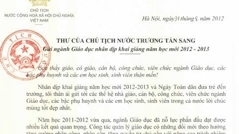 Thư Chủ tịch nước Trương Tấn Sang gửi thầy cô