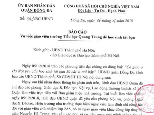 Vụ học sinh bị phạt tát 50 cái: Bất ngờ với báo cáo của Quận Đống Đa