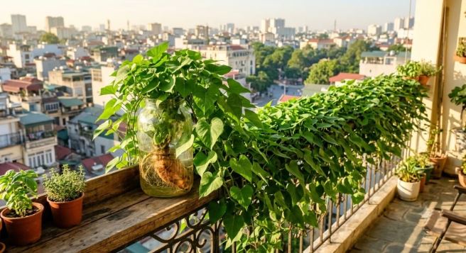 Chỉ cần đặt một củ khoai lang vào cốc nước, sau 10 ngày dây leo xanh mướt phủ kín ban công