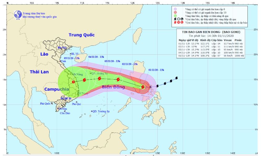Bão Goni sẽ hạ cấp sau khi vào Philippines, dự báo đổ bộ Đà Nẵng đến Phú Yên vào 4/11