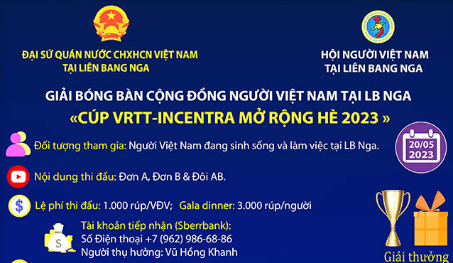 GIẢI BÓNG BÀN CỘNG ĐỒNG NGƯỜI VIỆT NAM TẠI LIÊN BANG NGA «CÚP VRTT-INCENTRA MỞ RỘNG HÈ 2023»