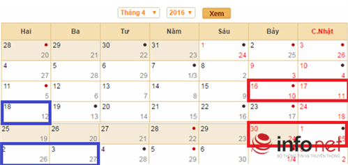 Lịch nghỉ lễ Giỗ Tổ Hùng Vương 2016 và dịp lễ 30/4, 1/5