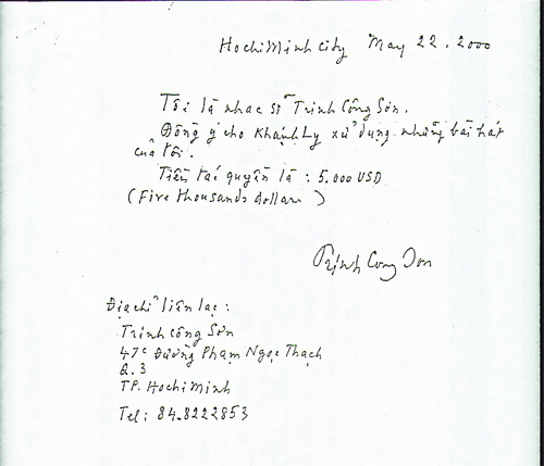 Công bố giấy xác nhận Trịnh Công Sơn cho phép Khánh Ly sử dụng nhạc phẩm của ông