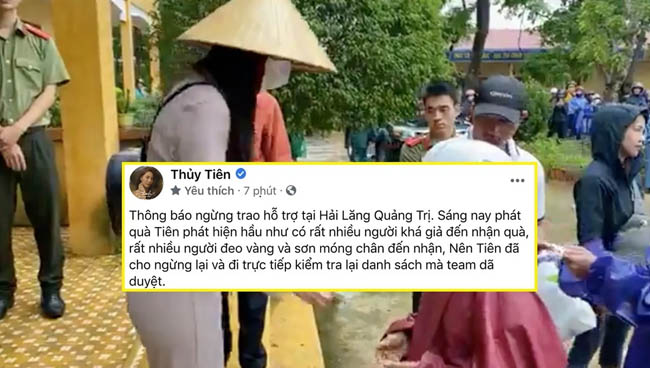 Thủy Tiên dừng phát tiền vì thấy người nhận cứu trợ đeo vàng