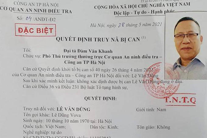 Công an Hà Nội ra lệnh truy nã đặc biệt Lê Dũng Vova